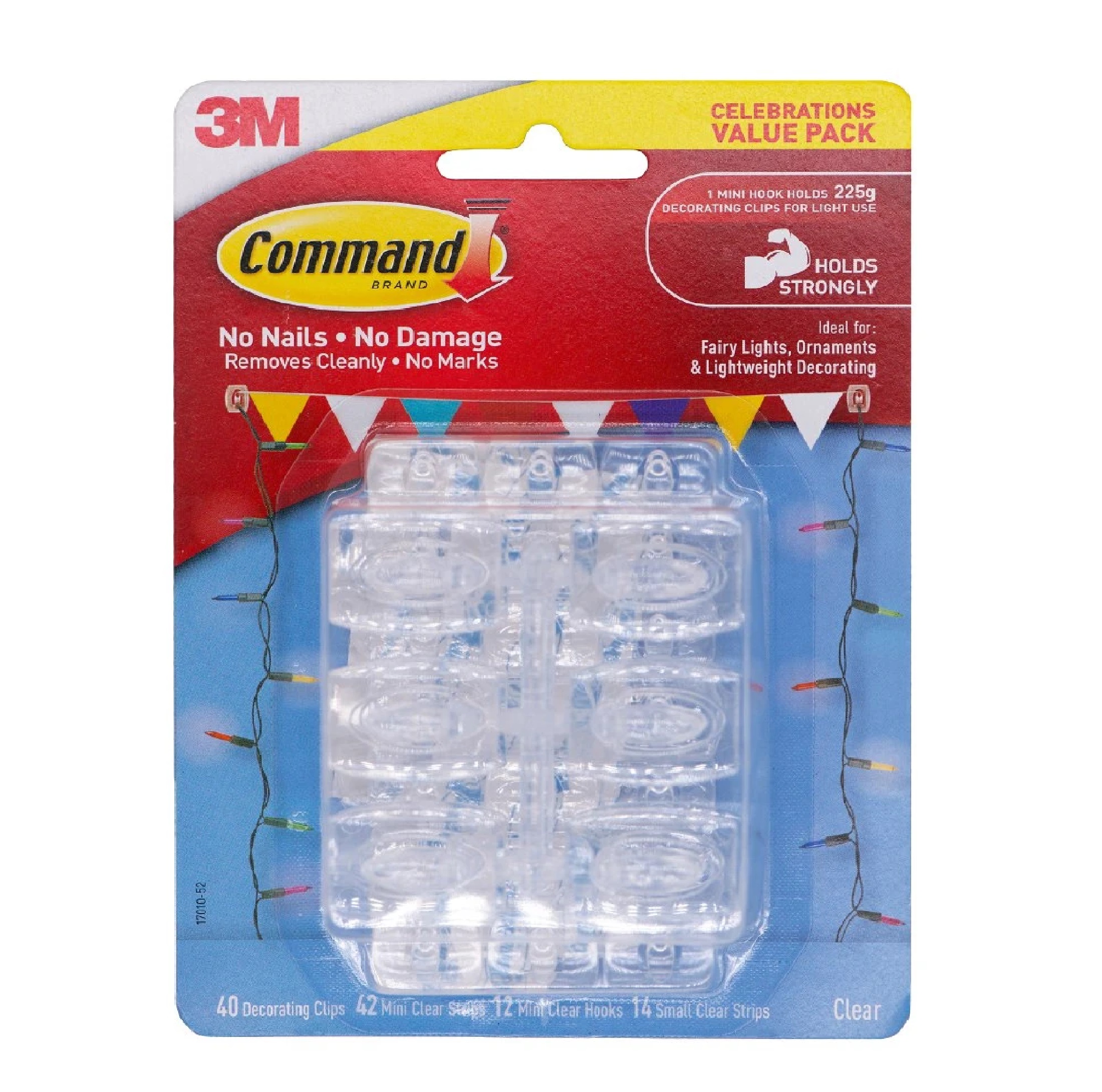 3M Command 17010-52 Celebrations Value Pack 40 Decorating Clips 12 Mini Clear Hooks