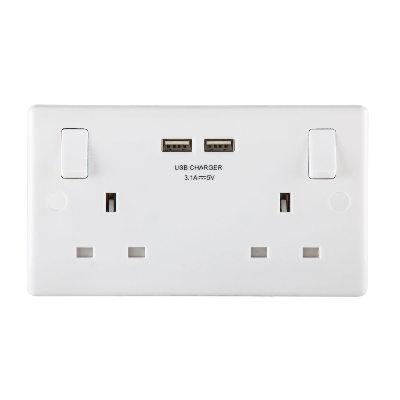 British General (BG) Moulded 2 X 13A Switched Double Socket With USB Charger 3.1A