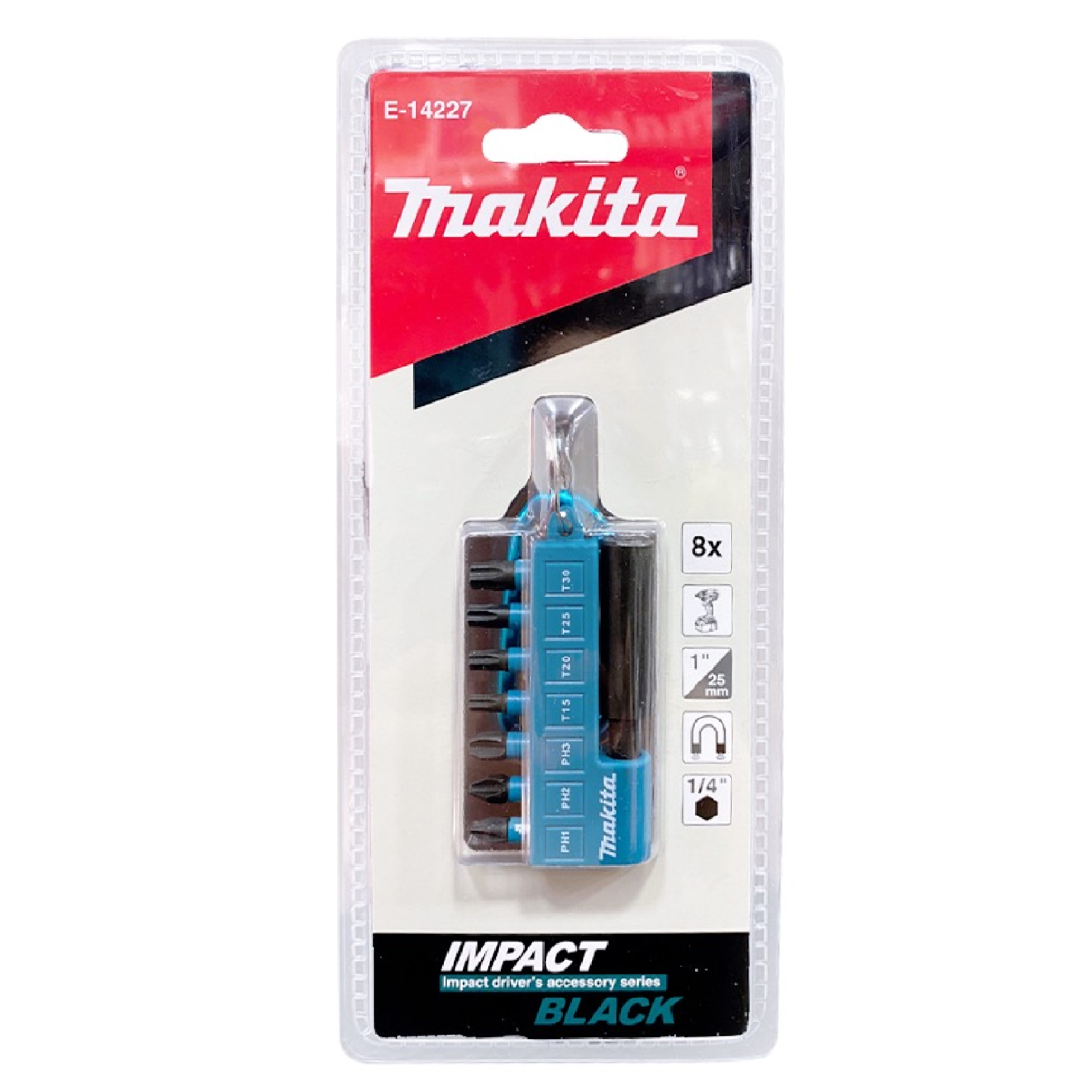 Makita E-14227 IMPACT DRIVER 1/4 HEX SCREW BITS & Extension Key Chain Set 8PC/Set