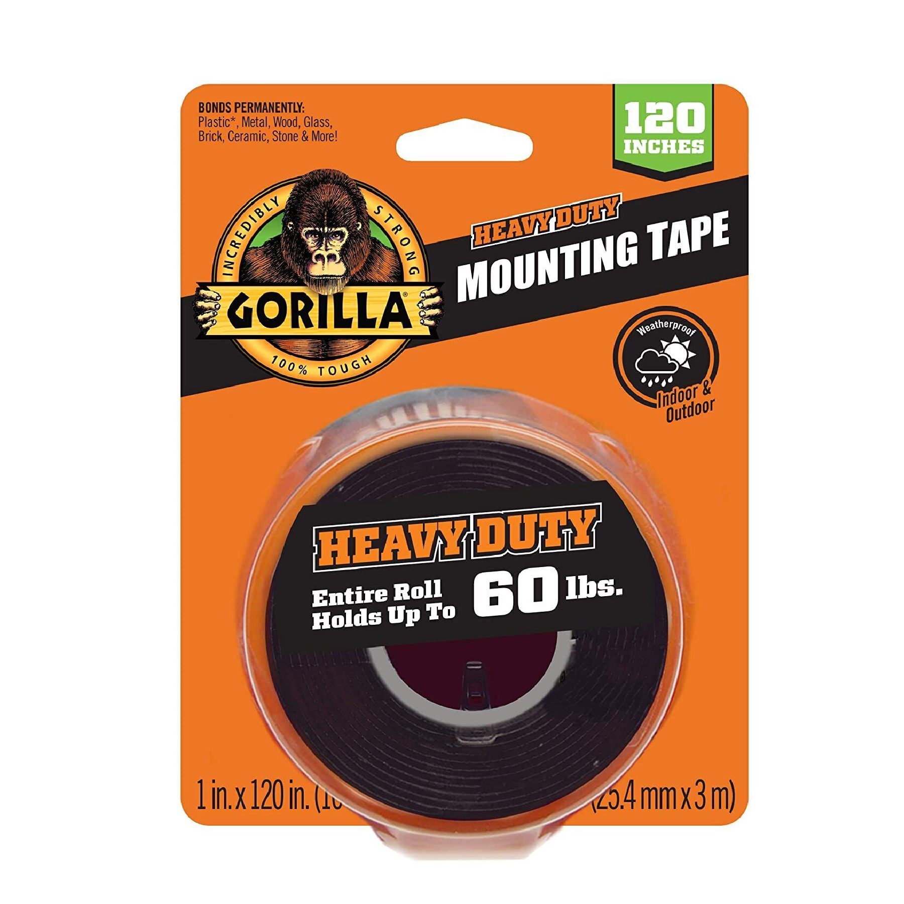 Gorilla 60 LBS Heavy Duty Black Mounting Tape WEATHER RESISTANT 1" X 120" (25.4MM X 3M) 102441