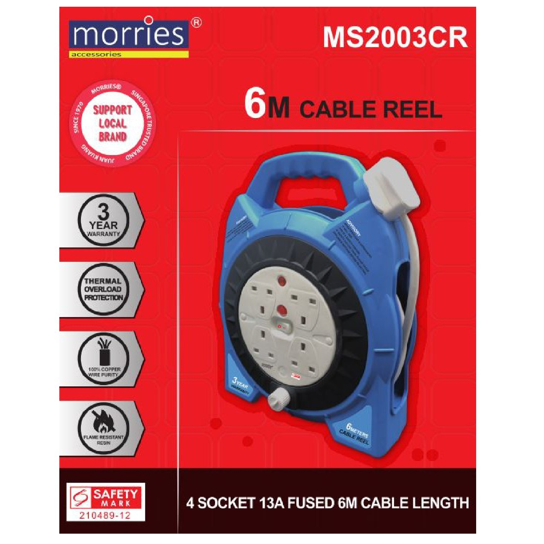 Morries 4 Way 6M Cable Reel Extension MS2003CR