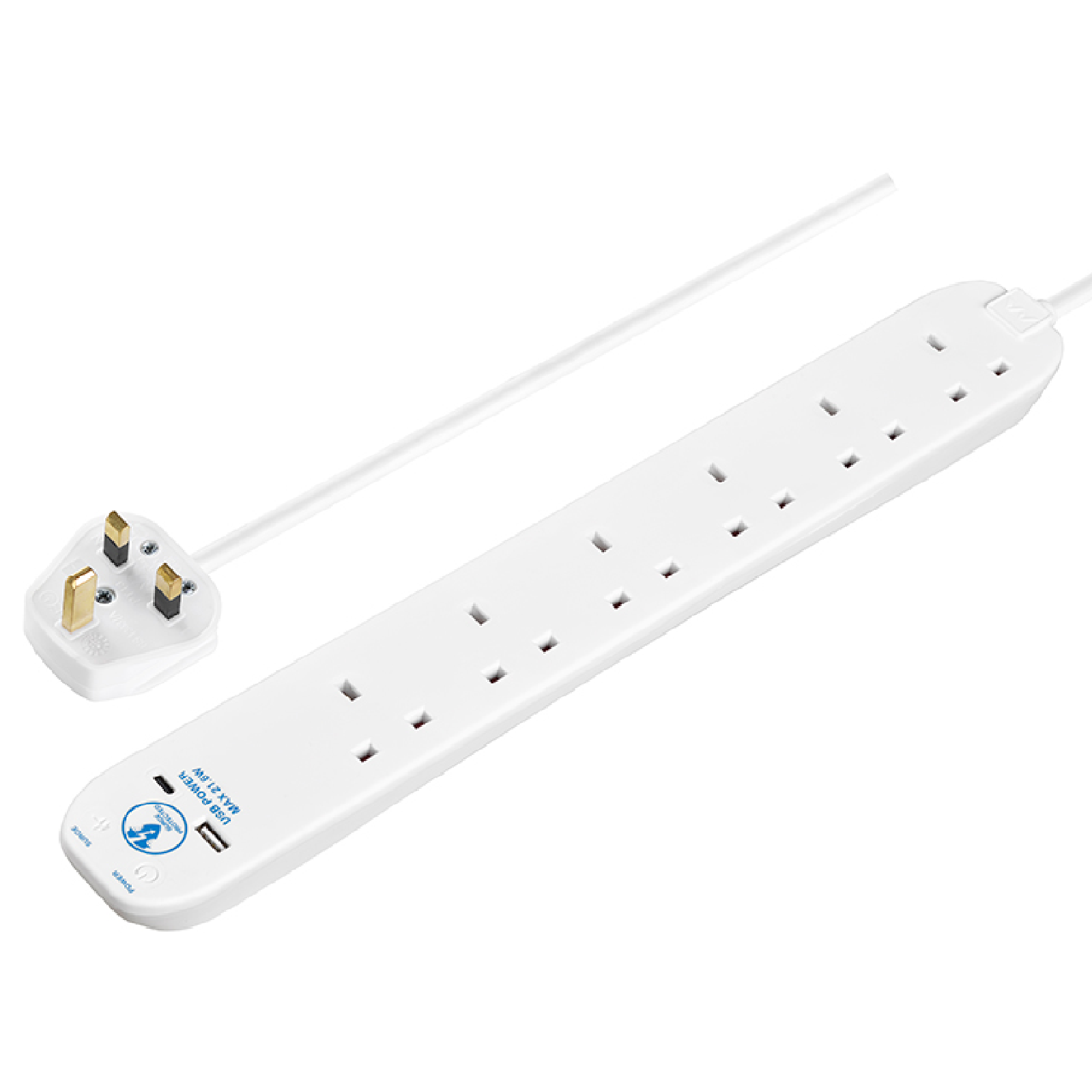 Masterplug 6 Gang Socket Surge Extension 2M WHITE With USB TYPE A & C PD22W MAX SRGUAC2262N