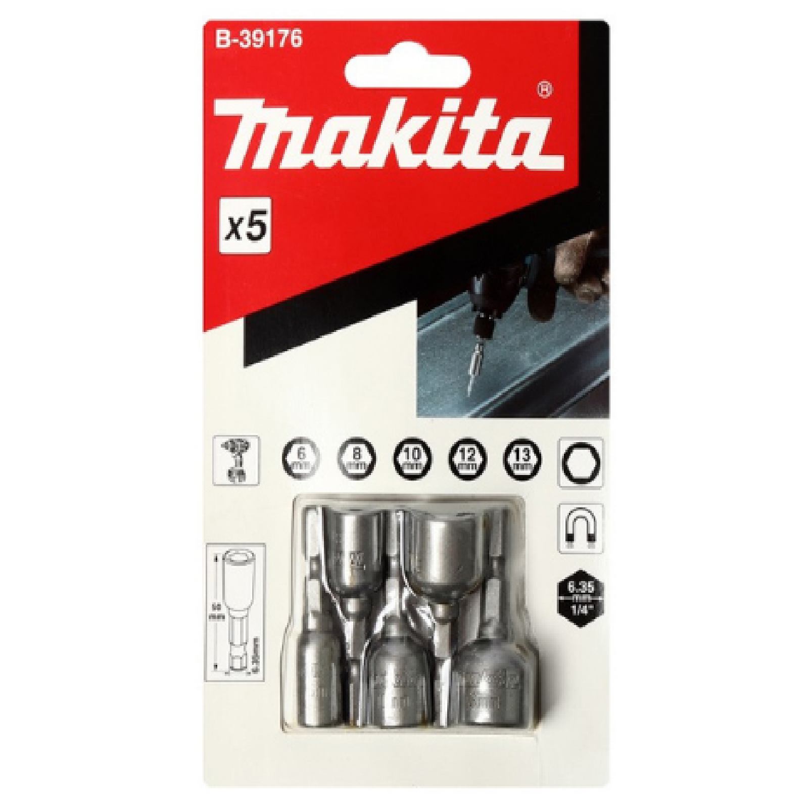 Makita Magnetic HEX NUT DRIVER (METRIC, MM) 5PC/SET B-39176
