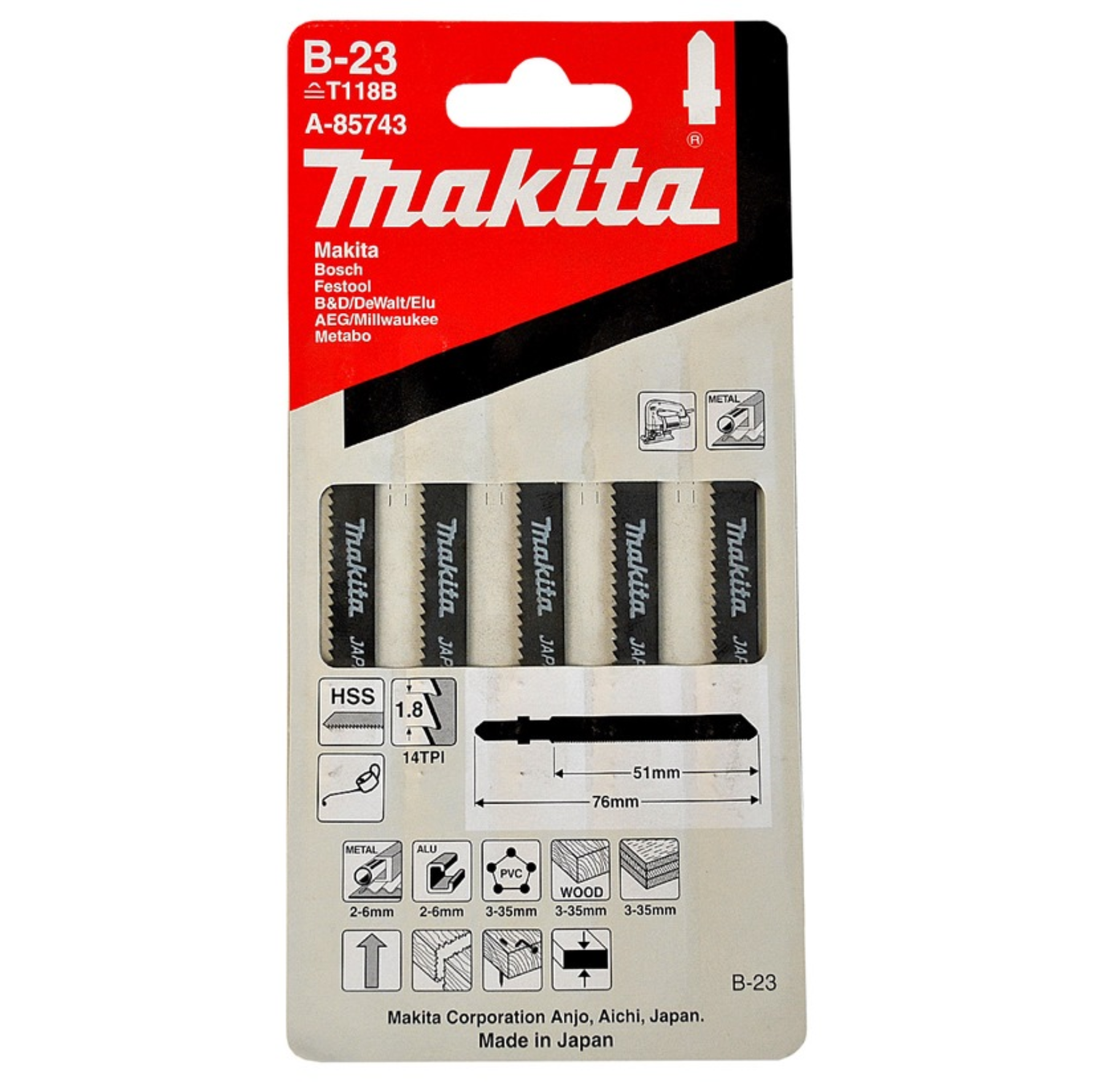 Makita A85743 Jigsaw Blade (B Type) B23, 5PC/PACK