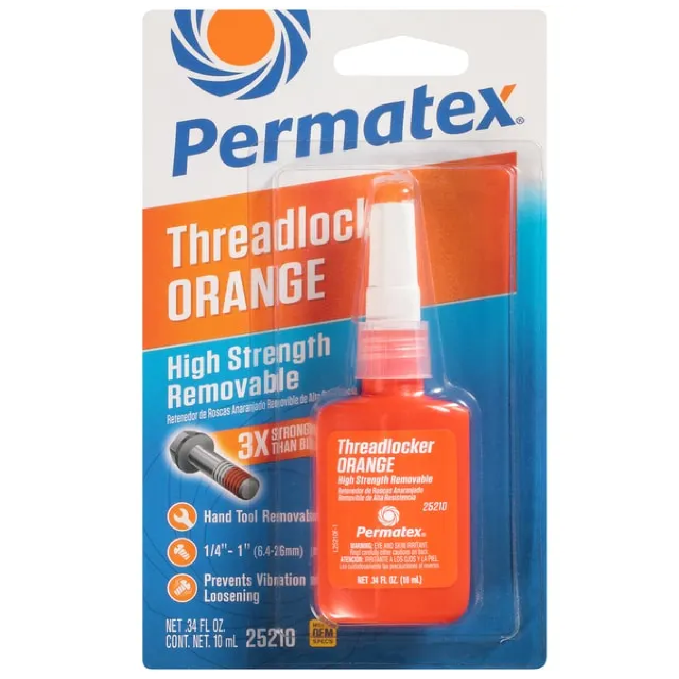 Permatex 25210 HIGH STRENGTH REMOVABLE Threadlocker ORANGE 10ML