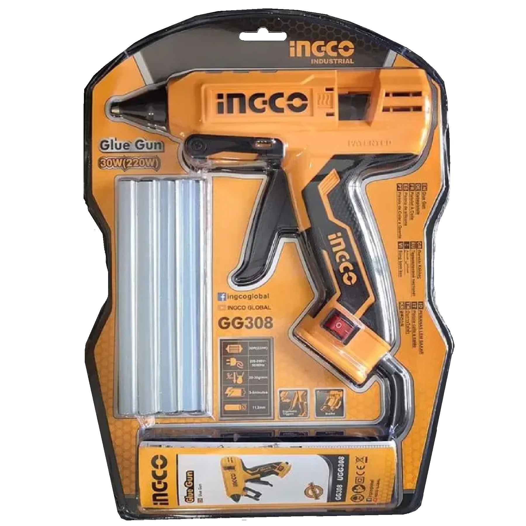 INGCO GG308 Electric GLUE GUN 30W With 8PC 150MM GLUE STICK GG308