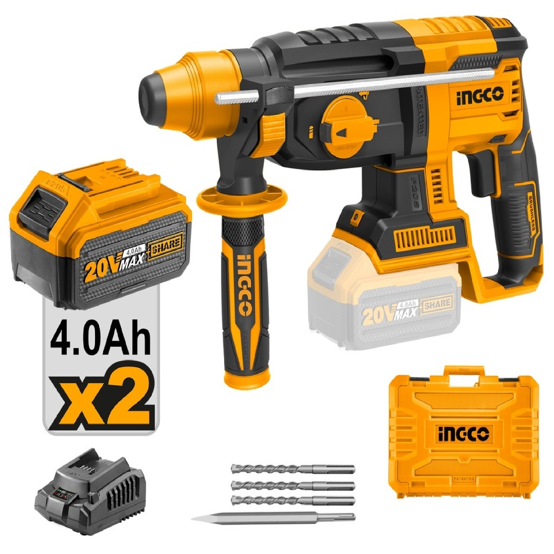 INGCO 2 X 20V 4.0AH LI-ION BRUSHLESS Rotary Hammer Drill CRHLI202287 Comes With Drill Bits & Chisel Kit