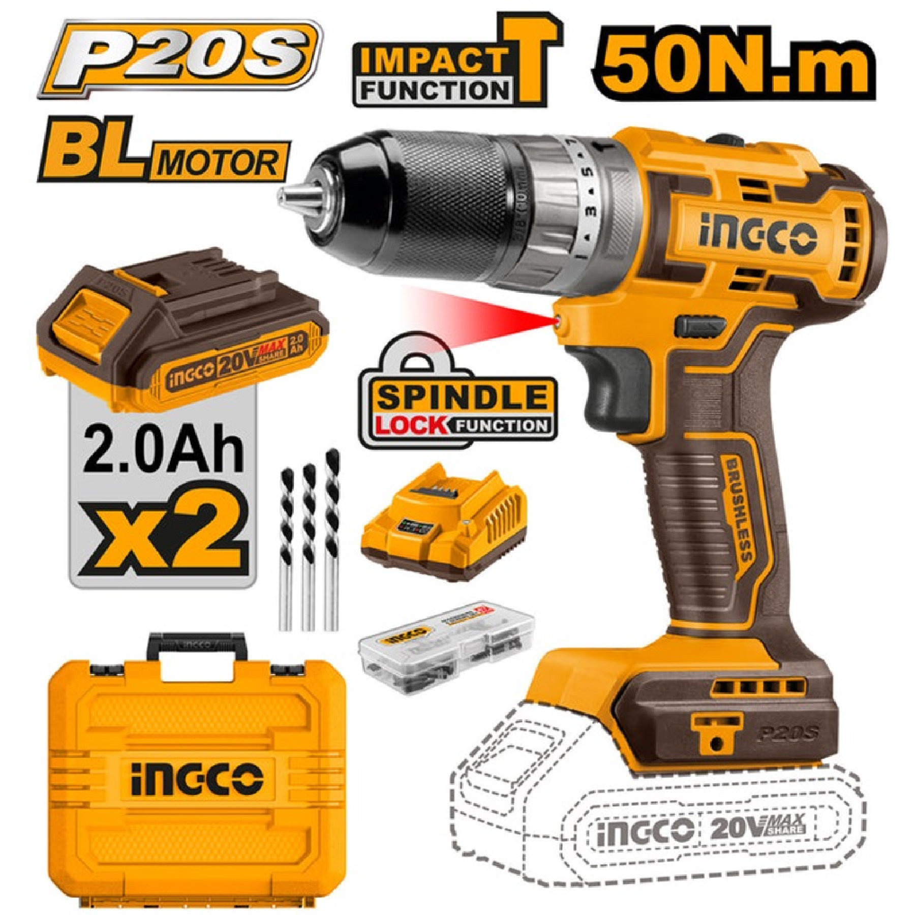 INGCO 2 X 20V 2.0AH LI-ION BRUSHLESS Impact Drill 50NM CIDLI20508