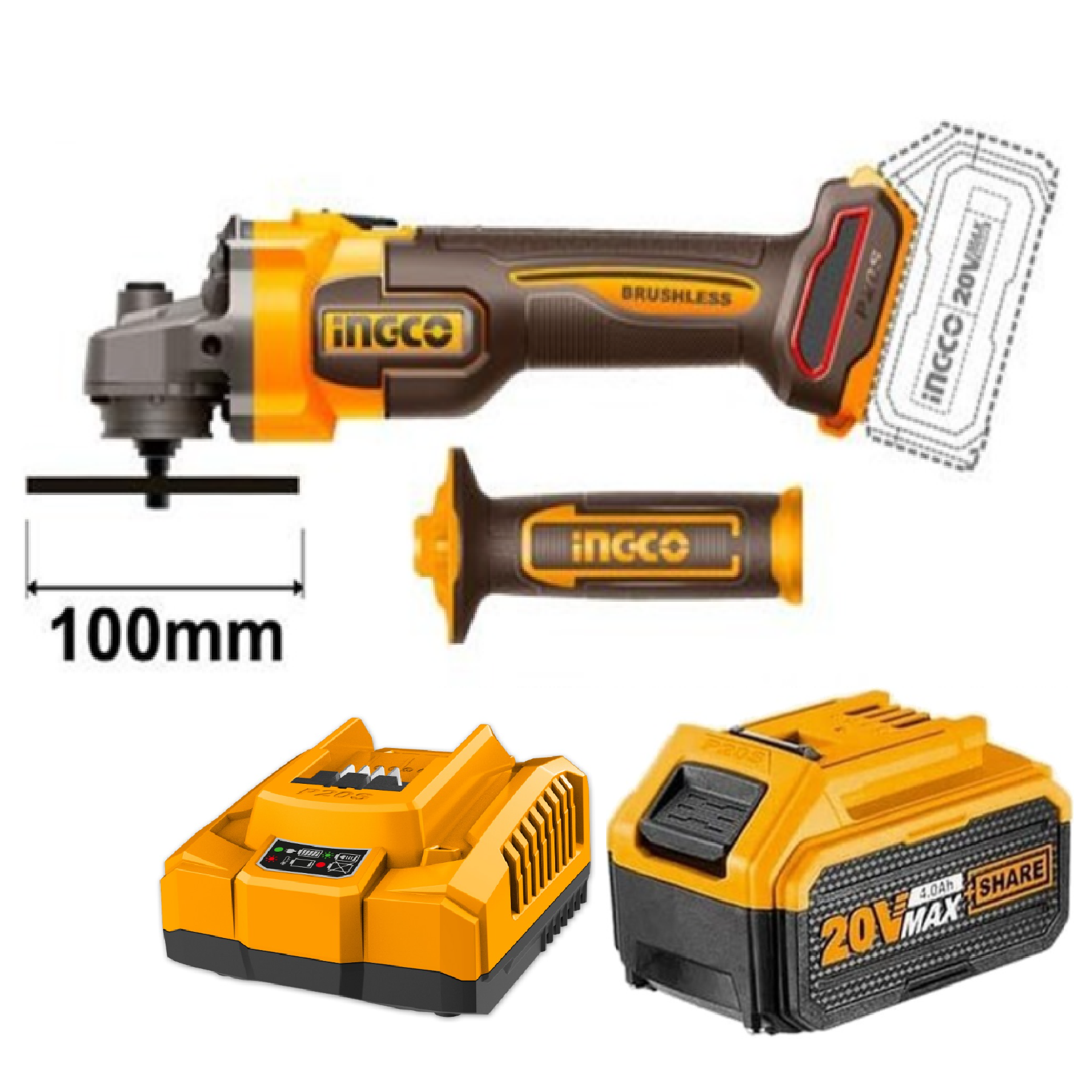 INGCO 1 X 20V 4.0AH LI-ION 4"/100MM BRUSHLESS Cordless Angle Grinder 3 MODE