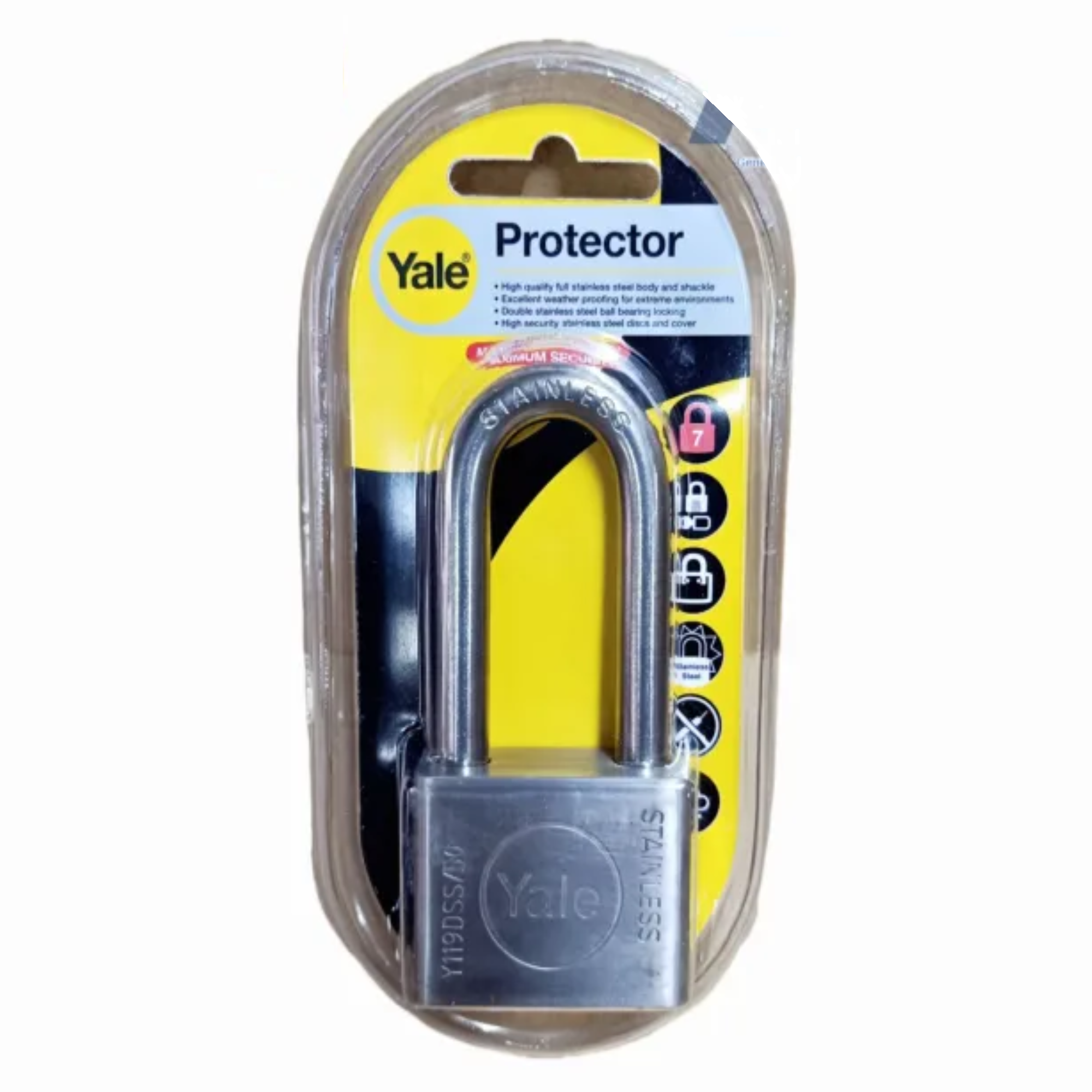 Yale STAINLESS STEEL Padlock LONG SHACKLE Comes With 5 KEYS Y119SS/50/162/1