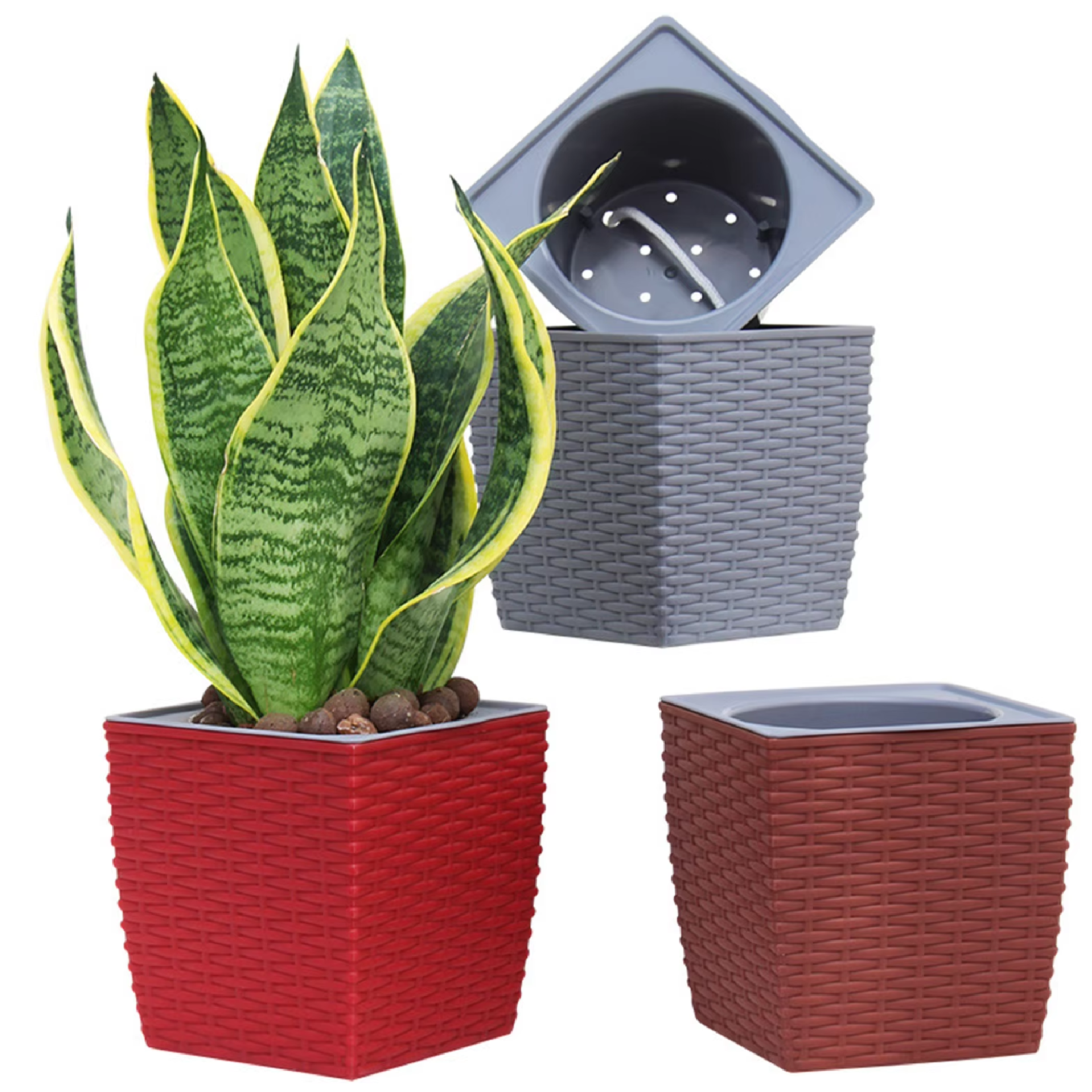 Green Hands RATTAN SELF-WATERING Square Plastic Pot HYDROPONICS