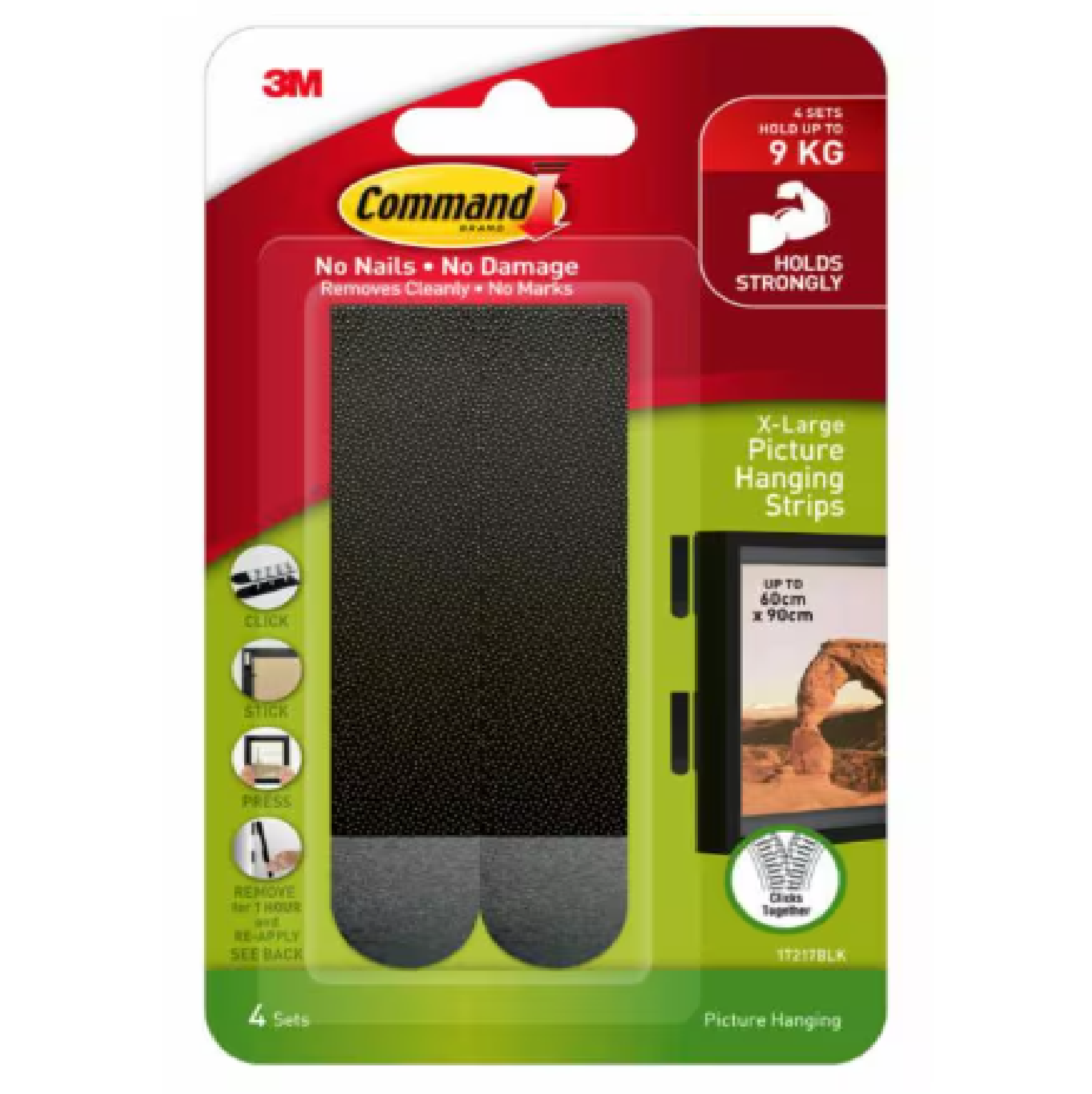 3M Command X-LARGE Picture Hanging Strips BLACK 4PC/PACK 17217BLK-ES