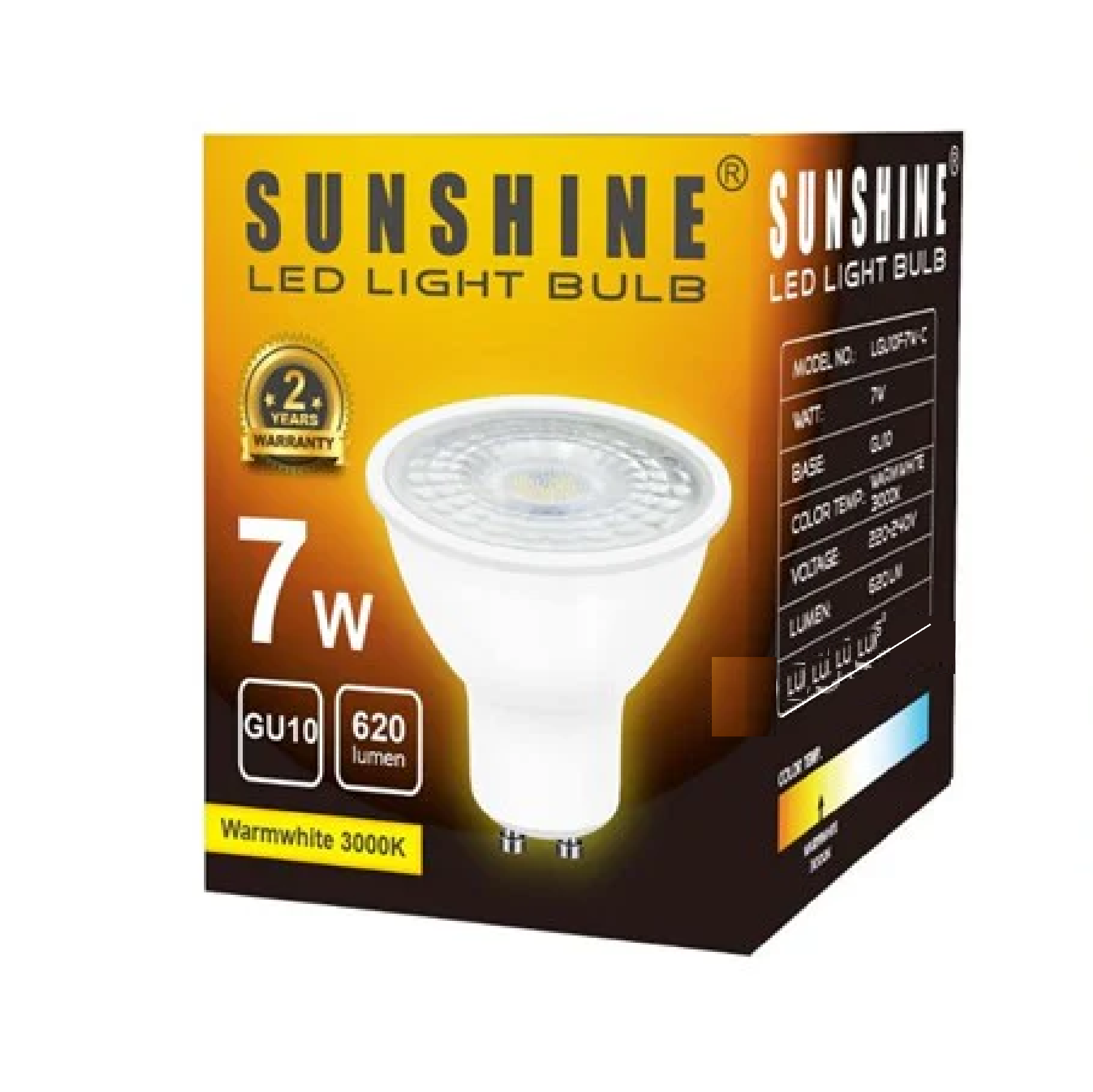 Sunshine LED 7W GU10 220V-240V NON-DIMMABLE Warm White