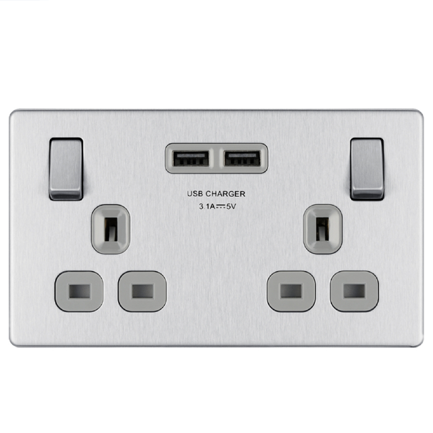 British General (BG) Moulded 2 X 13A Switched Double Socket With 2 X USB Charger 3.1A FBS22U3G-01 BRUSHED STEEL GREY