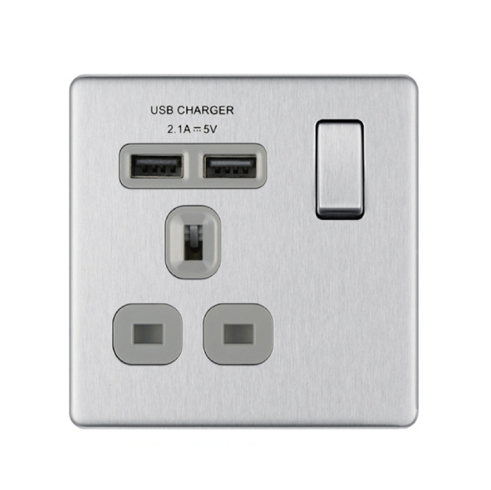 British General (BG) Moulded 13A Single Socket With 2 X USB Charger 2.1A FBS21U2G-01 BRUSHED STEEL GREY