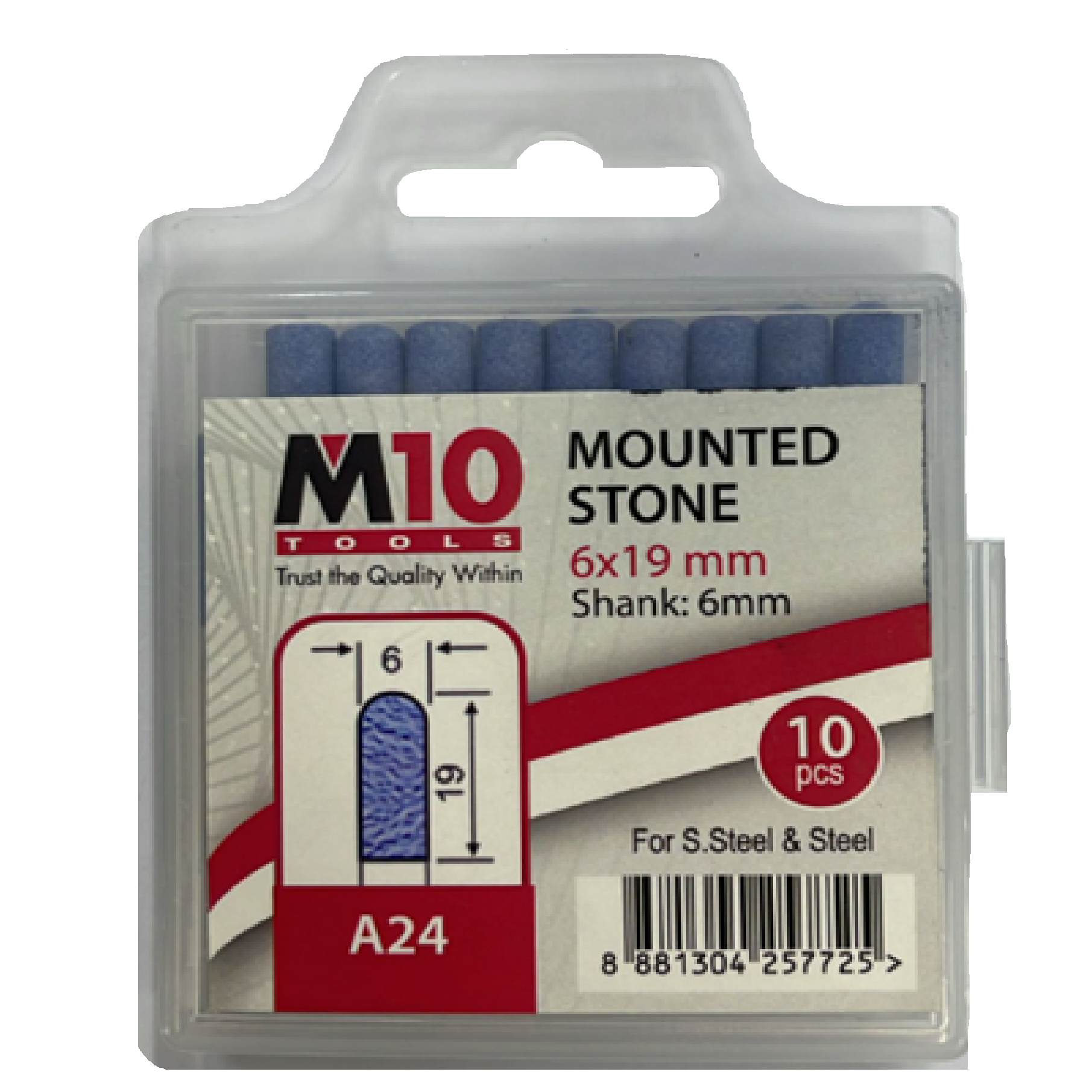 M10 A24 6MM X 19MM Mounted Stone For Stainless Steel & Steel 10PC/PACK