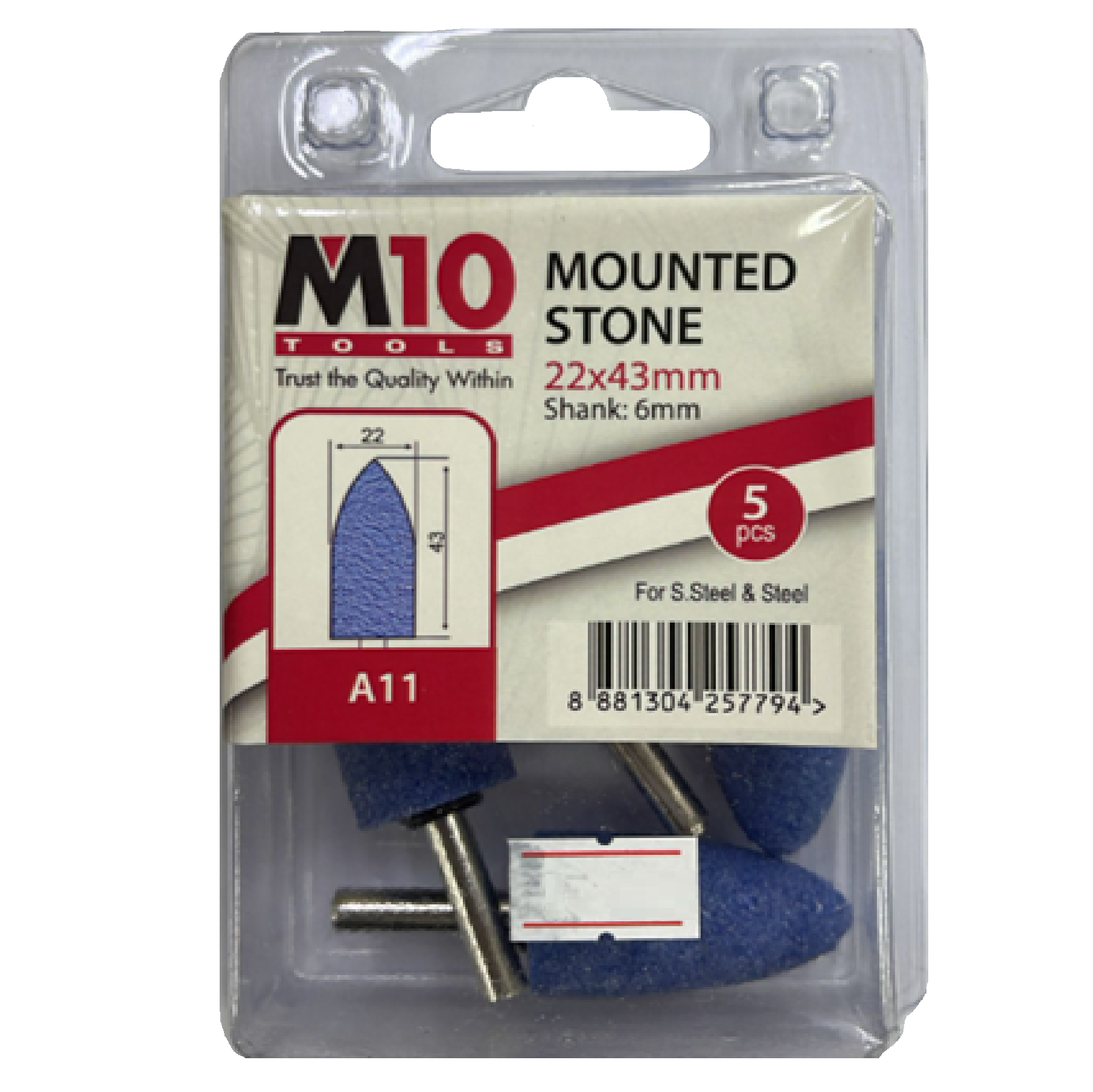 M10 A11 22MM X 43MM Mounted Stone For Stainless Steel & Steel 5PC/PACK