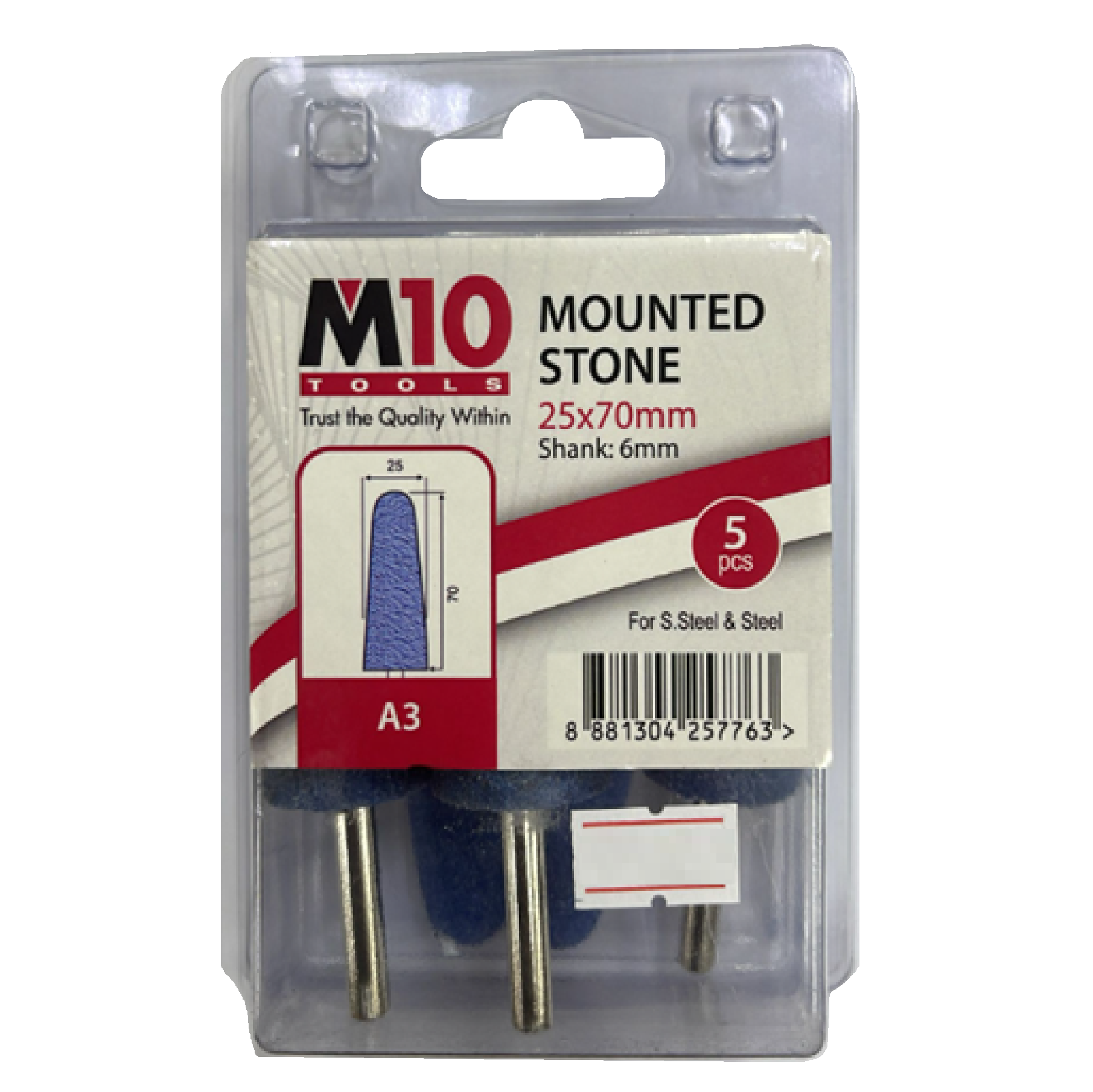 M10 A3 25MM X 70MM Mounted Stone For Stainless Steel & Steel 5PC/PACK