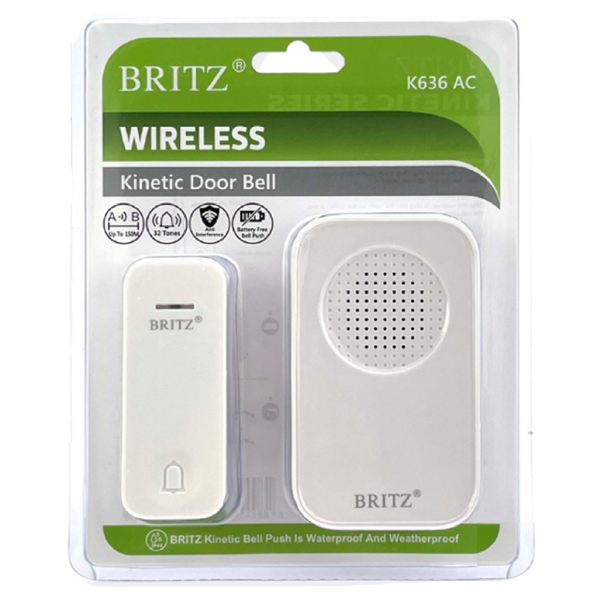 Britz K636 AC WIRELESS Kinetic Door Bell 3-PIN PLUG IN