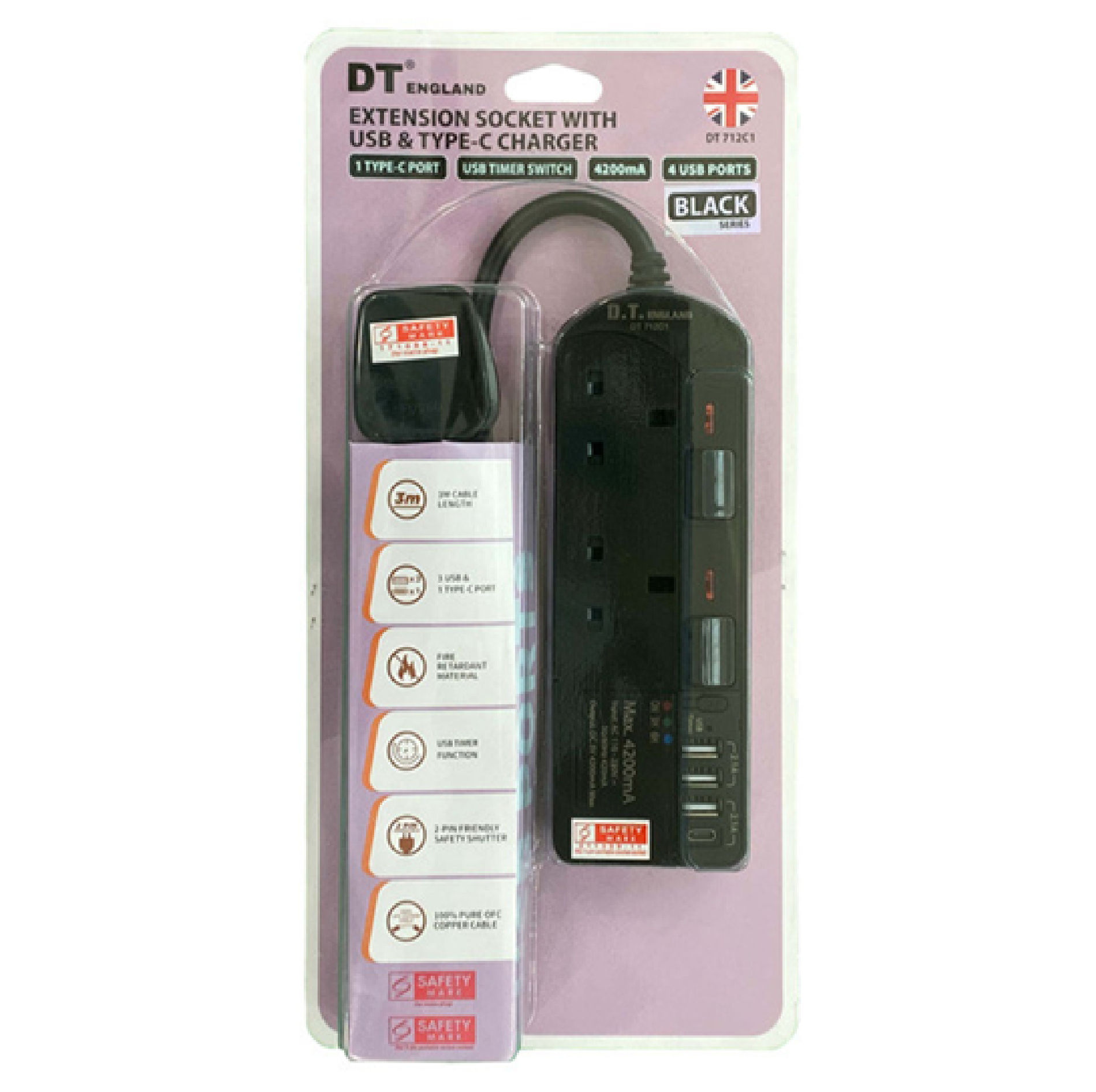 DT ENGLAND 2 WAY 3M Extension Cord With 3 X USB 1 TYPE-C USB TIMER FUNCTION DT712C1