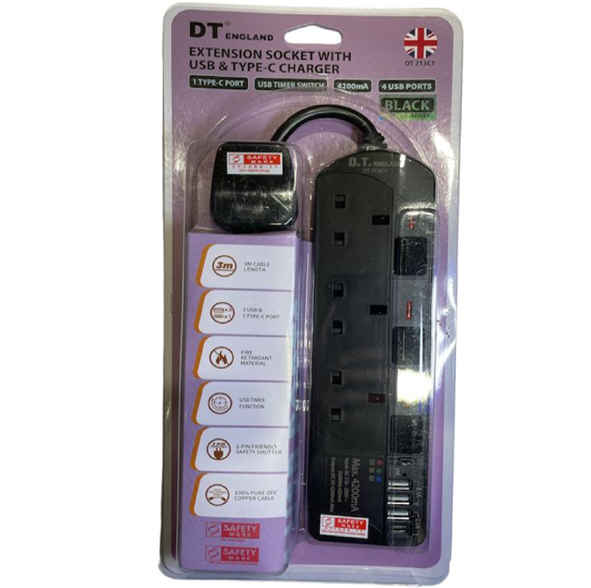 DT ENGLAND 3 WAY 3M Extension Cord With 3 X USB 1 TYPE-C USB TIMER FUNCTION DT713C1