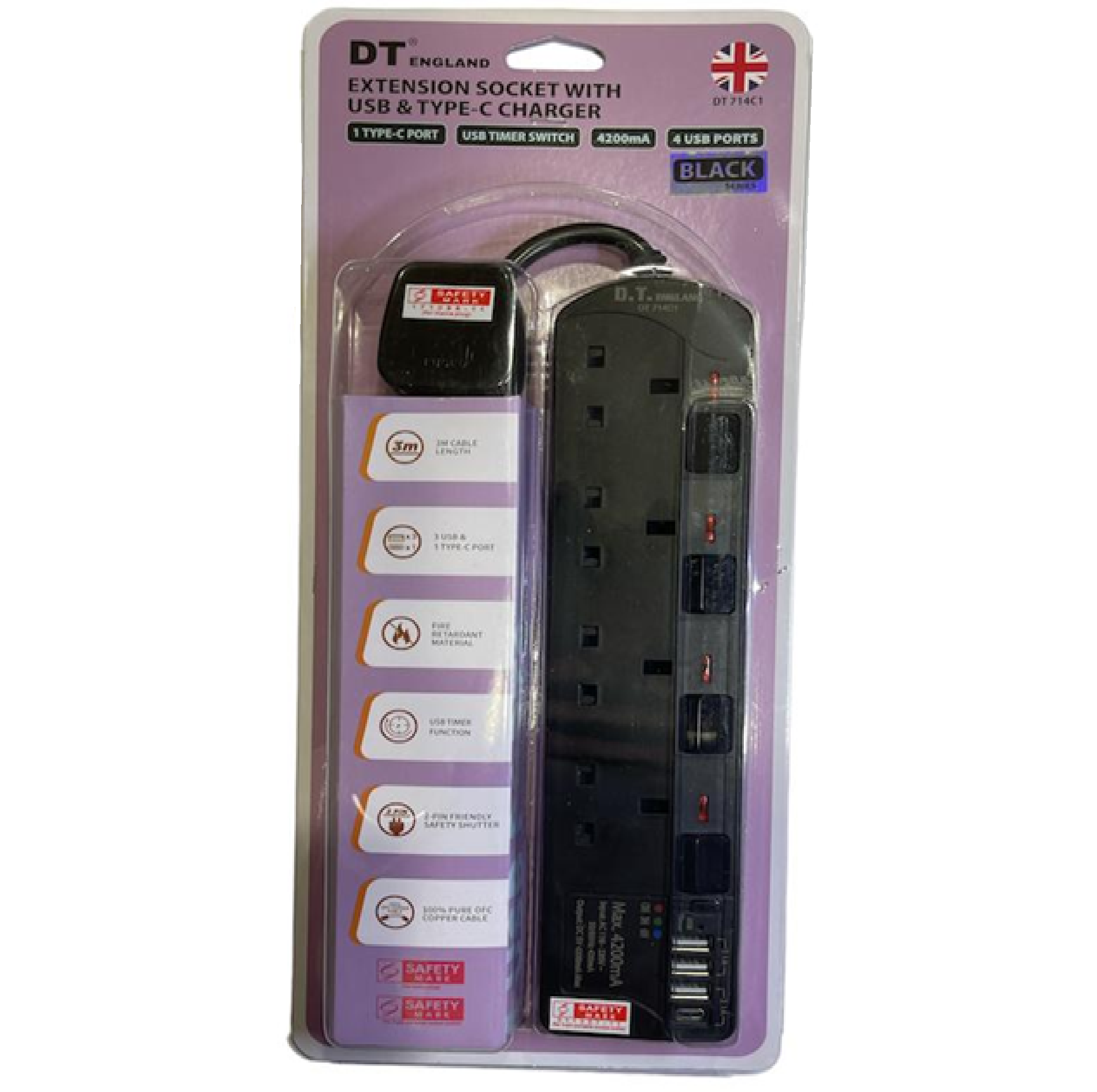 DT ENGLAND 4 WAY 3M Extension Cord With 3 X USB 1 TYPE-C USB TIMER FUNCTION DT714C1