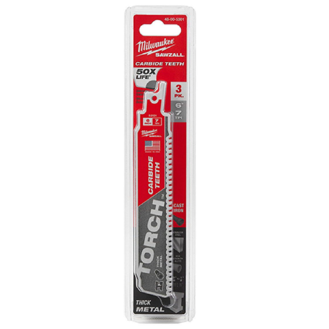 MILWAUKEE 6" TORCH CARBIDE SAWZALL Blade For Thick Metal 8 TPI 3PC/PACK 48-00-5301