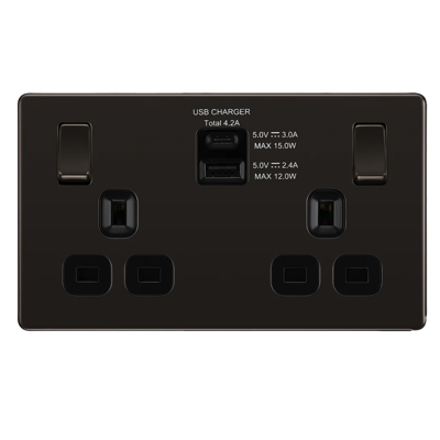 British General (BG) Moulded 2 X 13A Switched Double Socket With USB Charger 4.2A (1 X USB-C 1 X USB-A) FBN22UACB