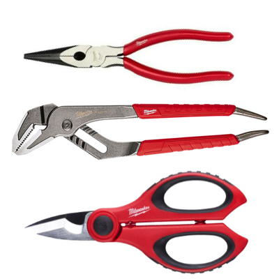 MILWAUKEE FANS COLLECTION 8"/200MM Dipped Grip Long Nose Pliers, 10"/250MM Comfort Grip Straight Jaw Pliers & Electrician Scissors