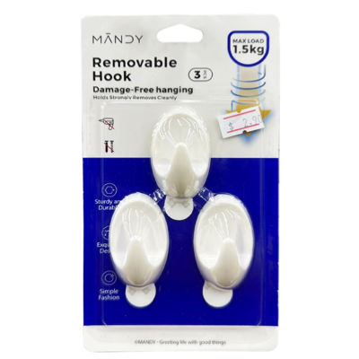 MANDY Self Adhesive Removable Hooks Medium 3 Hooks & Strips MAX LOAD 1.5KG