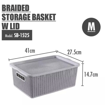 HOUSEWARE Plastic Storage Basket RATTAN Stackable Box With Lid Cover MEDIUM