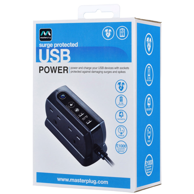 Masterplug SRGDU42MB2-MPA 13A 4-Socket Compact Extension 2 USB (2.1) Surged Protected 2M Cable MATT BLACK
