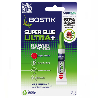 BOSTIK SUPER GLUE ULTRA+ Liquid Glue 3g (60% BIOBASED CYANOACRYLATE)