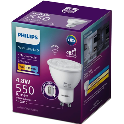 PHILIPS 4.8W 50W 3-IN-1 SELECTABLE LEDSPOT GU10 60D DIMMABLE 1PF/6 AU