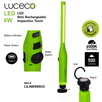 LUCECO LED SLIM Rechargeable Inspection Torch 6W MULTI-POSITION LILA60S65UC