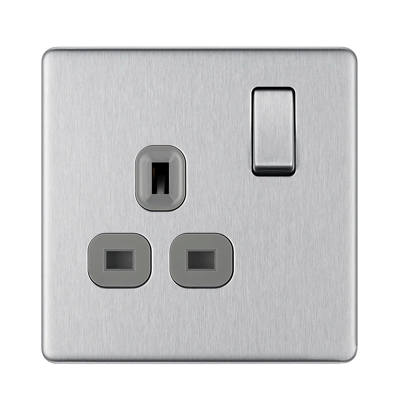 British General BG BRUSHED STAINLESS STEEL 13A SINGLE POWER SOCKET FLAT PLATE
