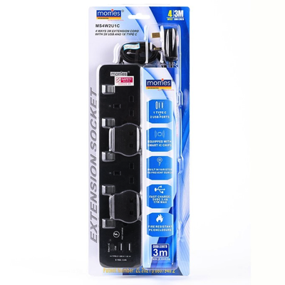 Morries 4WAY 3M CORD (2USB + 1 TYPE C) MS4W2U1C/3M/BLACK
