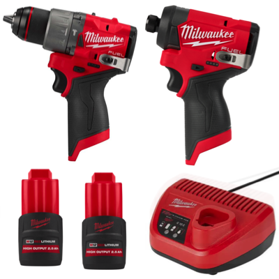 MILWAUKEE 2-TOOL KIT M12 FPP2A2 2 X 2.5AH HIGH OUTPUT HAMMER & IMPACT DRILL PROMO