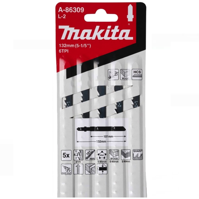 Makita A-86309 JIGSAW BLADE 5PC/PACK 132MM LENGTH 6TPI FOR WOOD & PLASTICS