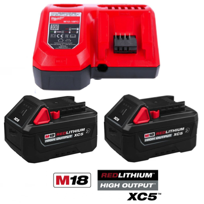 MILWAUKEE M18HB5 2 X 18V 5.0AH REDLITHIUM HIGH OUTPUT XC5 DUAL BATTERY M12-18FC FAST CHARGER