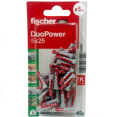 FISCHER 5MM X 25MM DUOPOWER DIY PACK PLASTIC ANCHORS 45PC/PACK 534992