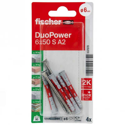 FISCHER 6MM X 50MM DUOPOWER With Stainless Steel Screws 4PC/PACK 537670