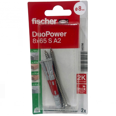 FISCHER 8MM X 65MM DUOPOWER With Stainless Steel Screws 2PC/PACK 543796