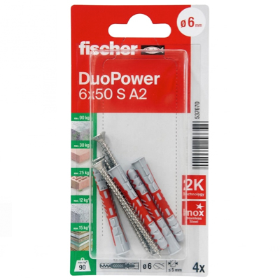 FISCHER 6MM X 50MM DUOPOWER With Stainless Steel Screws 4PC/PACK 537670