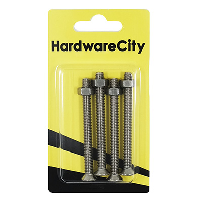 HWC SS316 Marine Fasteners, M6 X 65, Phillips Countersunk Screws And Nut, 4PC/Pack