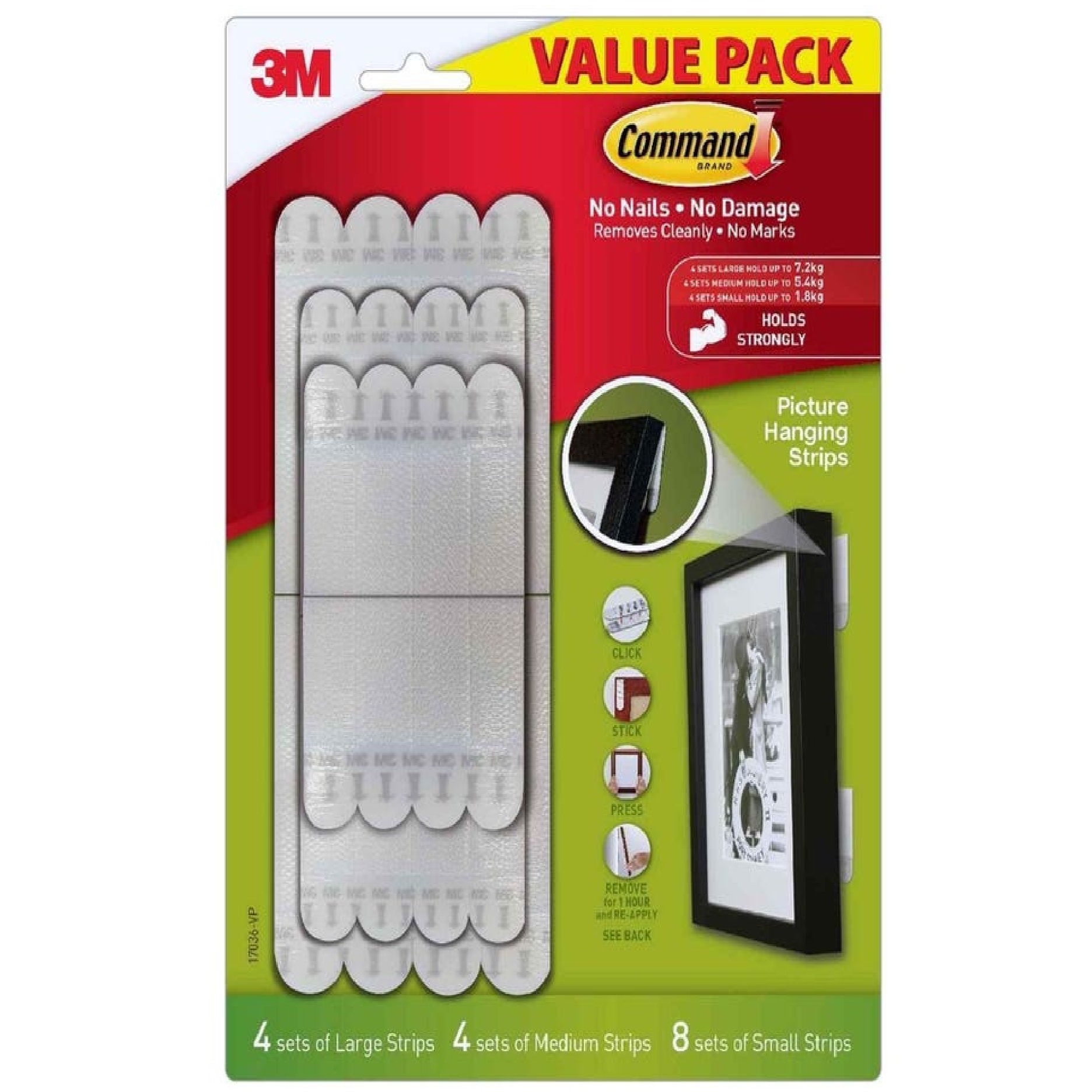 3M Command Picture Hanging Strips 17036VP 4 Large 4 Medium 8 Small Pairs/Pack